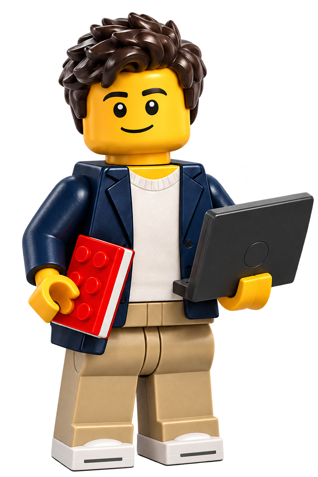 Friendly LEGO-style minifigure in a navy jacket, holding a red notebook and a tablet